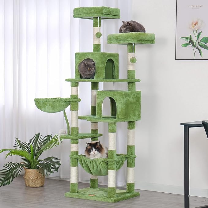 Heybly Cat Tree, 70 inches Tall Cat Tower condo with Toy for Indoor Large Cats, Cat House Furniture with Padded Plush Perch，Cozy Hammock and Sisal Scratching Posts,Green HCT032GR