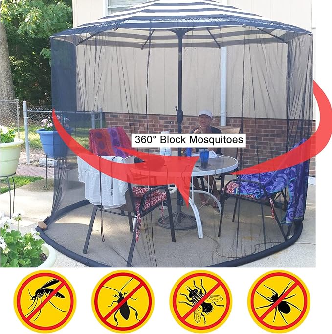 7.5-11 FT Patio Umbrella Mosquito Net, Polyester Mesh Umbrella Screen, Universal Canopy Umbrella Mosquito Netting with Zipper Door and Adjustable Rope, Fit Outdoor Umbrellas and Patio Tables