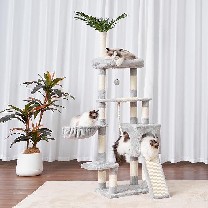 Heybly Cat Tree,Cat Tower for Indoor Cats, 65.4 inches Cat Condo with Perches, Basket, Feeding Bowl Station, Multi-Level Plush Furniture with Scratching Posts, Light Gray HCT015W
