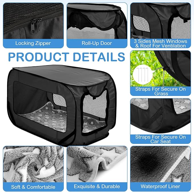 37 Inch Portable Cat Dog Crate with Mat Liner Pop up Dog Kennel Pet Tent Car Seat Travel Kennel Bed for Indoor Outdoor Waterproof Pet Crate Cage for Large Cat Medium Puppy Camping(Black)