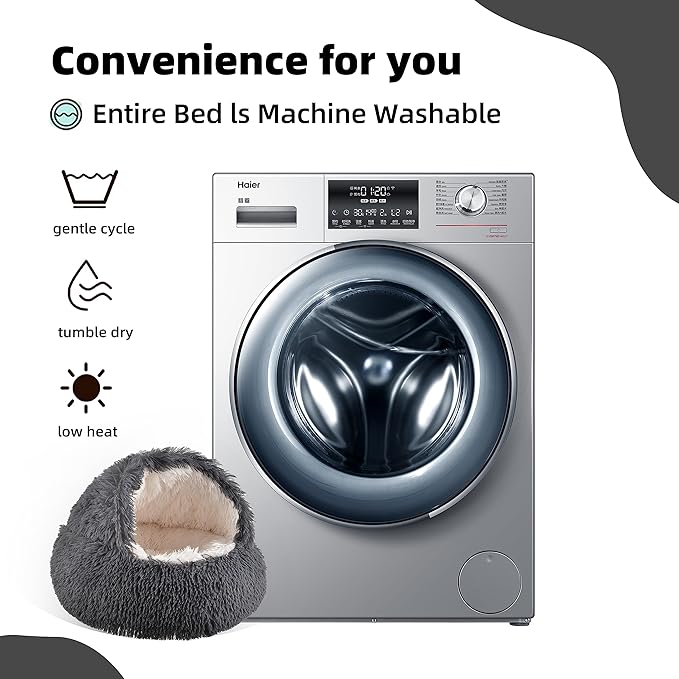 Cat Bed Round Plush Fluffy Hooded Calming Cat Bed Cave,Self Warming pet Bed with Non-collapsed Cover for Indoor Cats or Small Dogs,Washable,Anti-Slip Waterproof Bottom,24",Dark Grey