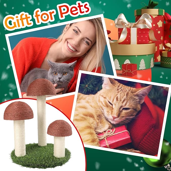 PowerKing Cat Scratching Post, Mushroom Claw Scratching Post for Cat, Natural Sisal Cat Scratchers with 3 Mushroom Pole, Cat Interactive Toys