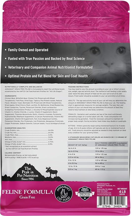 Annamaet Grain-Free Feline Formula Dry Cat Food, (Chicken & Fish), 4-lb bag