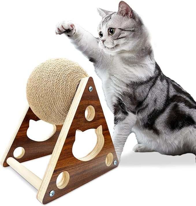 Cat Scratcher Toy,Natural Sisal Rope Cat Scratching Ball Scratcher Toy with Ball for Cats& Kittens&Dogs&Puppy, Interactive Solid Wood Scratcher Pet Toy Suitable for small cats and dogs (Large)