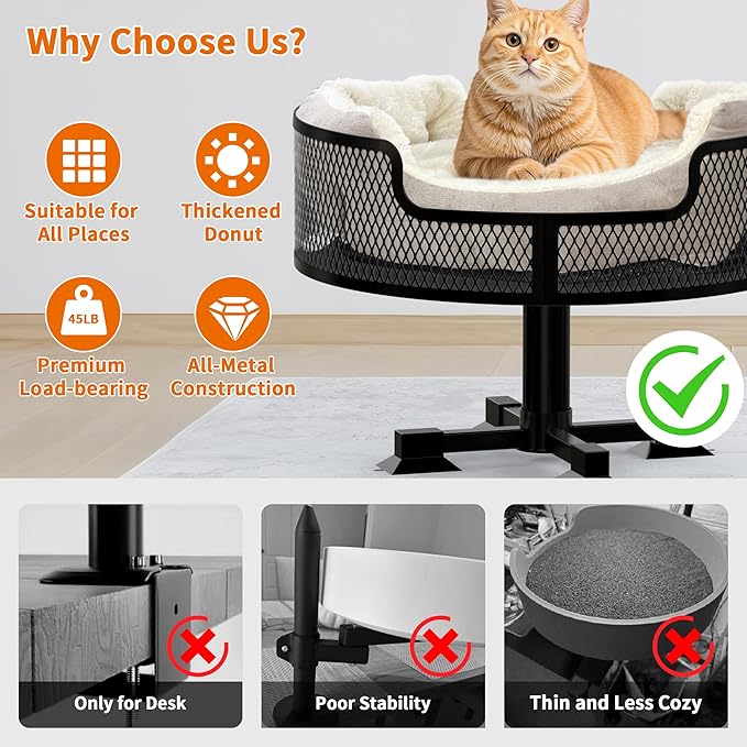 16" Cat Desk Bed, Heavy Duty Metal Desk Cat Bed with Removable Blanket, Cat Bed for Desk with Non-Slip Rubber Feet to Protect Desktop, Cat Bed Desk Up to 45LBs, Suitable for Small and Medium Cats/Dogs