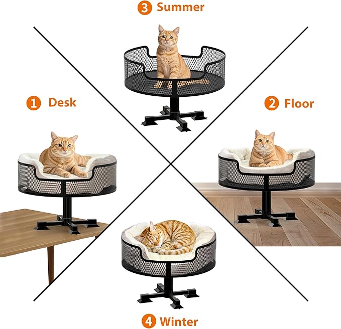 16" Cat Desk Bed, Heavy Duty Metal Desk Cat Bed with Removable Blanket, Cat Bed for Desk with Non-Slip Rubber Feet to Protect Desktop, Cat Bed Desk Up to 45LBs, Suitable for Small and Medium Cats/Dogs