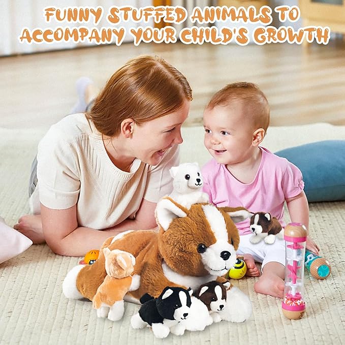 5 Pieces Dog Stuffed Animal, Corgi Stuffed Animal with Babies Inside - 1 Mommy Stuffed Dog Plush Toy with 4 Puppies, Puppy Stuffed Animals Surprise for Kids Boys Girls Easter Birthday Christmas Party