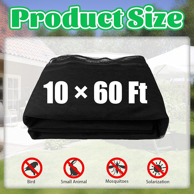 60x10Ft Mosquito Netting,Fly Insect Bird Net Garden Mesh Screen Barrier for Patio,Balcon,Porch,Gazebo,Canopy,Camping,Umbrella,Protecting Vegetables Fruits Plants(Black)