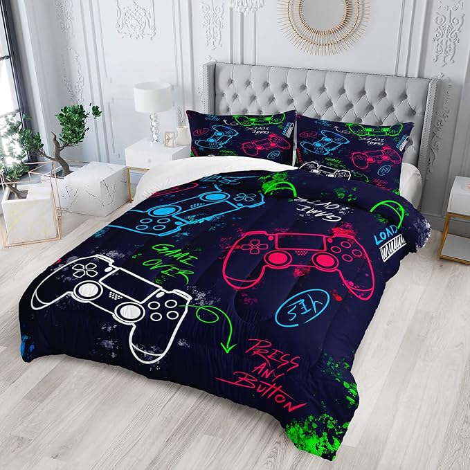 AILONEN Gamer Comforter Sets for Teen Boys, Gaming Bedding Sets Full Set,Video Game Bedspread,Game Duvet,Gamepad Bed Set,Controller Quilt Set,3 Piece 1 Comforter and 2 Pillowcases, Gamepad65