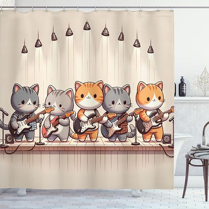 Ambesonne Cat Shower Curtain, Kawaii Kitties Playing Electric Guitars Funny Anime Animals Band Cartoon, Cloth Fabric Bathroom Decor Set with Hooks, 69" W x 84" L, Grey Orange and Pale Tan