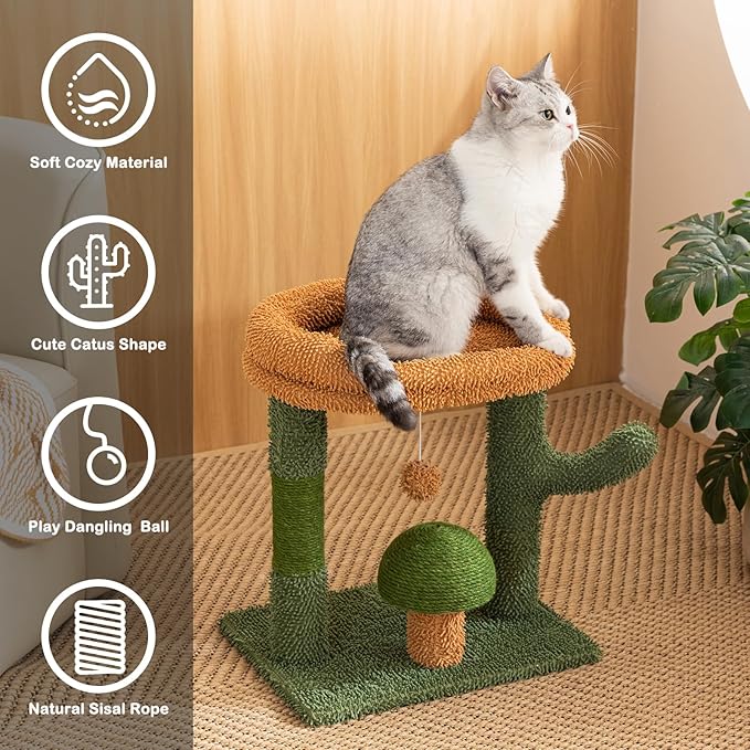 Cactus Cat Scratching Posts for Indoor Cats, Sisal Cat Scratcher with Play Ball, 20”Small Cat Tree Tower and Mushroom Scratch Post for Kitten, Green