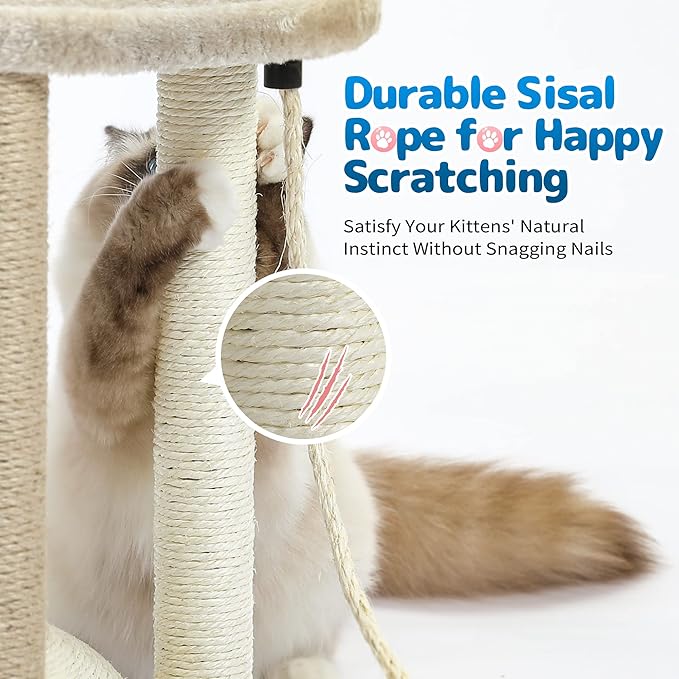 Made4Pets Cat Scratching Post,3 Cat Scratcher Posts with Soft Carpet Covered Perch,4 in 1 Kitten Toy,17" Small Cute Cat Tree Cat Tower with Hanging Ball Cat Toy, Scratching Posts for Indoor Cats