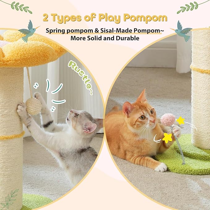 PEQULTI Flower Cat Scratching Post, Small Cat Tree, Tall Cat Scratcher for Indoor Cats with Super Thick Scratching Post [Dia=5.5''], Removable Flower Cat Bed, Cat Scratch Post with Spring Ball, Yellow