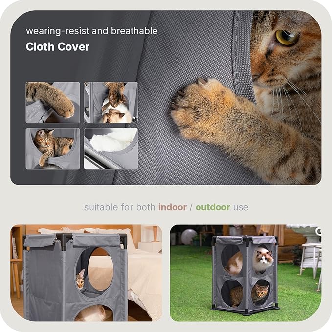 2-Level Cat House&Condo, 2-Story Cat Beds for Indoor Cats, Elevated Cat Cave for Multiple Cats, Outside Cat House, Stable and Easy to Assemble, 15.75'' x 15.75'' x 25.2''inches, Grey