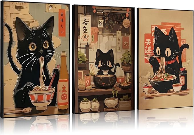 3Pcs Funny Japanese Black Cat Canvas Wall Art Vintage Animal Posters Prints Edo Period Ramen Cat Pictures Japan Quirky Cat Painting Kitchen Dining Wall Decor Animal Lover Gift 12x16in Unframed