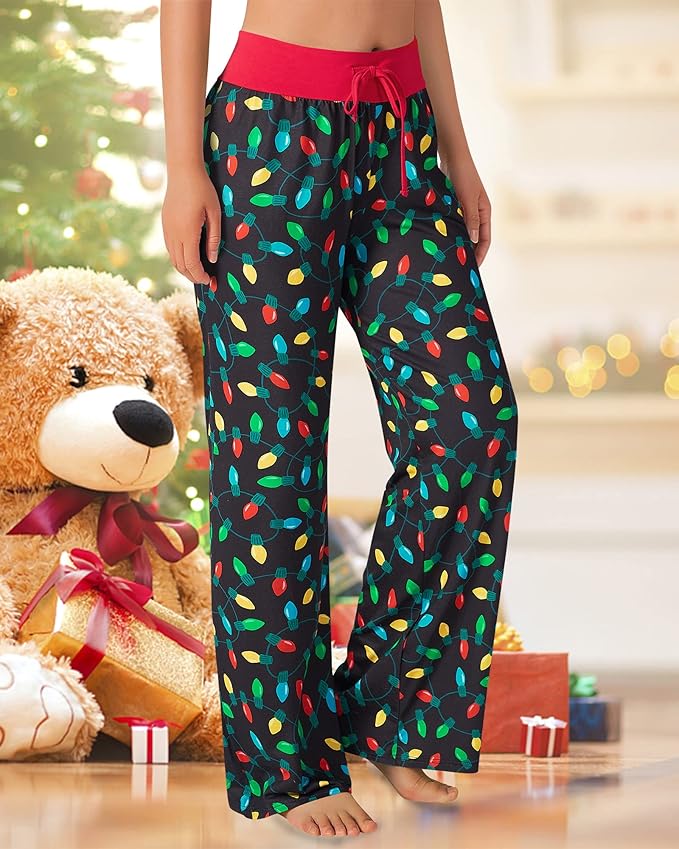 ALISISTER Christmas Womens Pajama Pants Casual Comfy Sleepwear Wide Leg Drawstring Bottoms