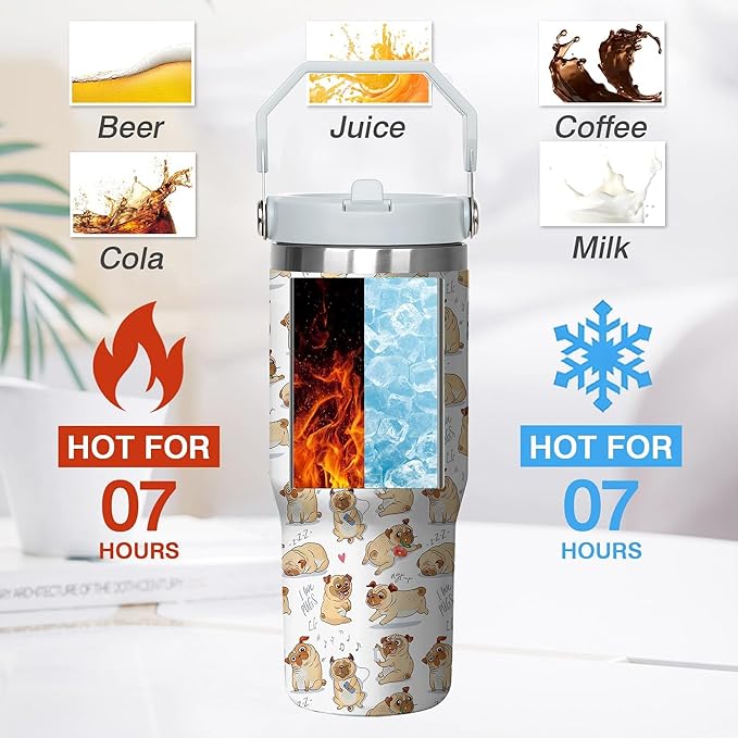 30 Oz Dog Tumbler with Handle and Straw, Insulated Dog Mugs for Dog Lovers, Double Wall Stainless Steel Pug Coffee Cup, Dog Dad Mug or Dog Mom Tumbler Pug Gifts for Women and Men