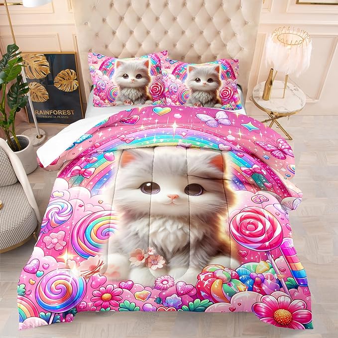 AILONEN Cute Cat Kitten Kids Comforter Set Full Size,Rainbow Bedding Set,Fairy Butterfly Cartoon Pink Comforter with 2 Pillowcases,Teen Girls Kawaii Comforter Set 3 Pieces