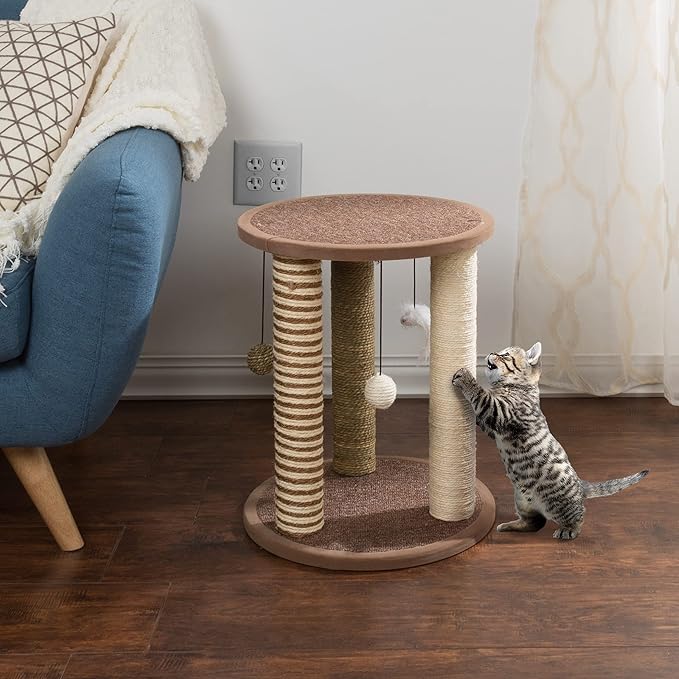 Cat Scratching Post - 3 Scratcher Posts with Carpeted Base Play Area and Perch - Furniture Scratching Deterrent for Indoor Cats by PETMAKER (Brown), Large