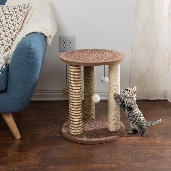 Cat Scratching Post - 3 Scratcher Posts with Carpeted Base Play Area and Perch - Furniture Scratching Deterrent for Indoor Cats by PETMAKER (Brown), Large