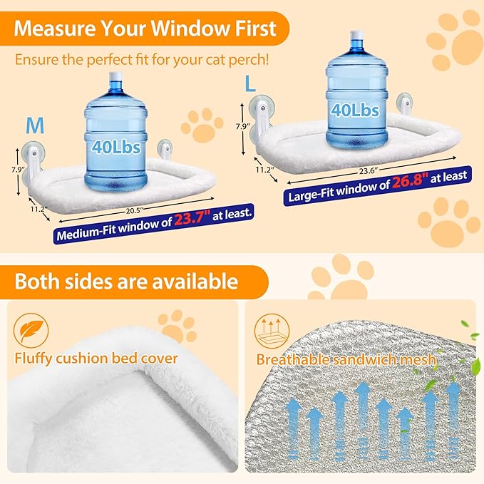 L&W BROS. Cat Window Perch 2 Pack Cat Hammock with 4 Suction Cups Easy to Assemble 20.5"x 11.2" Cat Window Bed for Large Heavy Cats Indoor(M 2Pc with Bed)