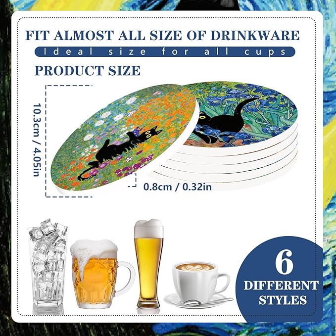 6Pcs Black Cat Painting Coaster Floral Animal Ceramic Coaster Cute Flower Absorbent Cup Mat for Spring Home Kitchen Party Table Decor