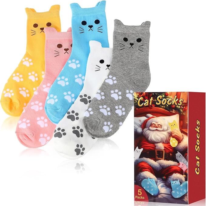 5 Pcs Women's Cat Socks Christmas Stocking Stuffers for Women Funny Christmas Gift Box White Elephant Gift Exchange Ideas for Teenage Girls Girlfriend Animal Lovers