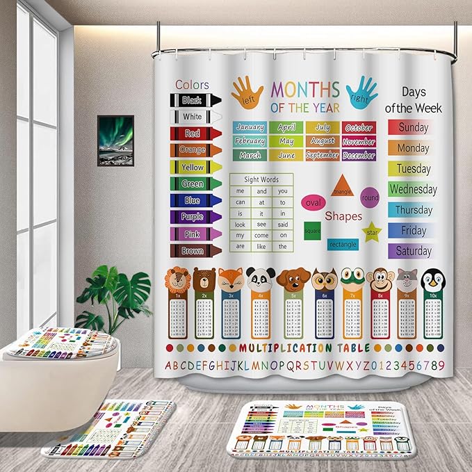 4 Pcs Educational Kids Shower Curtain Set with Non-Slip Rugs, Months, Days, Shapes, and Multiplication Table for Learning – Fun Cartoon Animals Design, Bathroom Decor for Children 72Lx72in