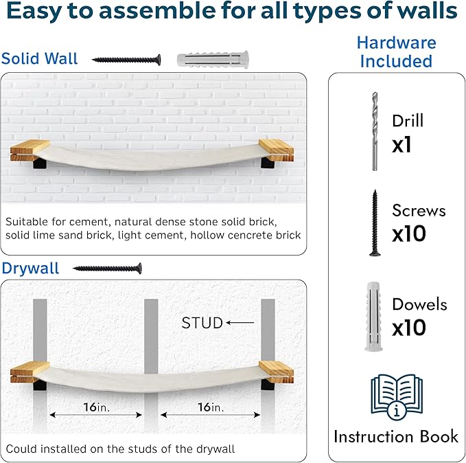 Cat Wall Hammock | Cat Shelf and Perches for Wall | Cat Bridge | Modern Cat Wall Furniture for Indoor Cats | Wall Mounted Cat Hammock Bed for Sleeping, Playing, and Lounging - Cat Shelves