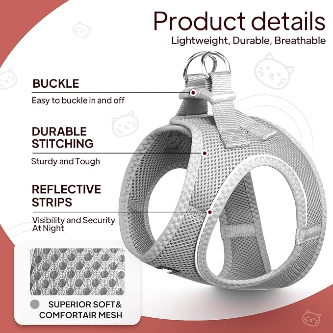 TwoEar Cat Harness Escape Proof, Soft Dog Vest Harness Adjustable, Breathable Mesh Step-in Puppy Walking Jacket Reflective Easy Control for Extral Small Pets for Outdoor Walking(XXXS, Grey)