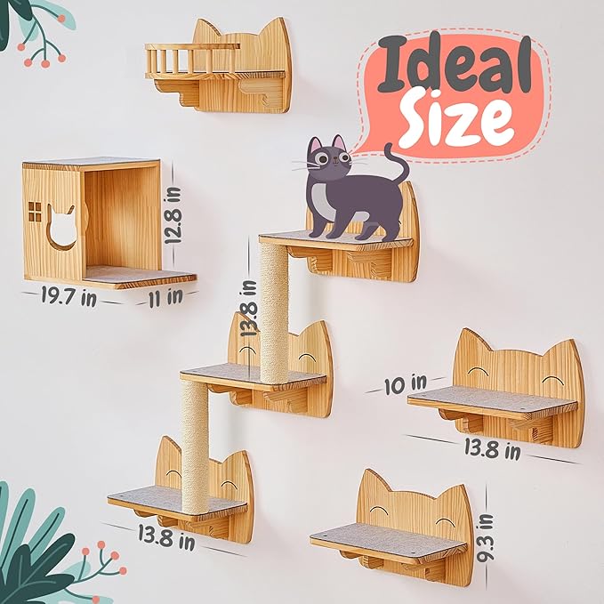 IDAE Cat Wall Shelves Set of 9, Cat Wall Furniture for Large Cats - Modern Cat Shelves and Perches, Wall Mounted Cat Climber with House, Steps, Scratcher - Natural Wood Climbing Shelf for Indoor Cats