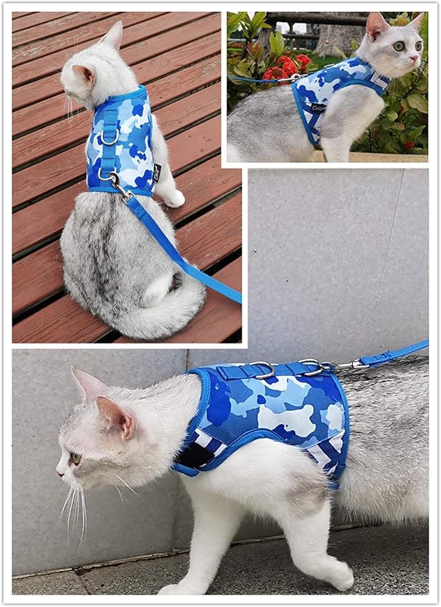 Cat Harness and Leash for Walking Escape Proof, Adjustable Cat Vest Harness, Padded Stylish Cat Walking Jackets, Blue Camo, Extra Large