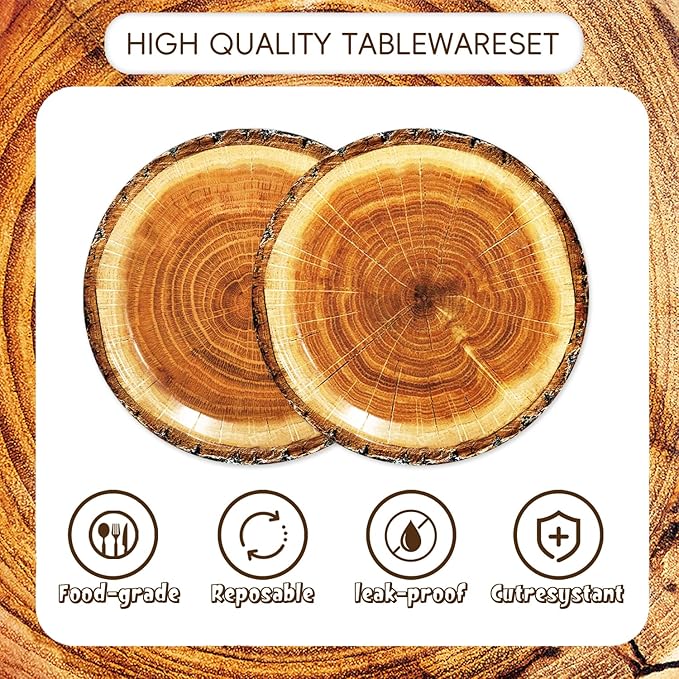 48Pcs Wood Grain Slice Party Decorations Camping Hunting Tableware Set Disposable Wood Plates Napkins Forks Serves 16 Rustic Wood Slice Baby Shower Birthday Party Decorations