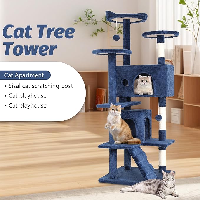 FDW Cat Tree 54in Cat Tower Multi-Level Durable Cat Scratching Post & Cozy Fun Cat Jumping Platform Space Saving Cat Condo Pet Play House for Indoor Cats,Dark Blue
