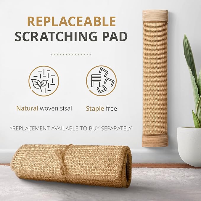 7 Ruby Road Wall Mounted Cat Scratching Post - Wall Mount Wooden Sisal Cat Scratcher & Vertical Scratch Pad (Replaceable) - Modern Cat Wall Furniture for Indoor Cats or Kittens (29.5 x 6 in)