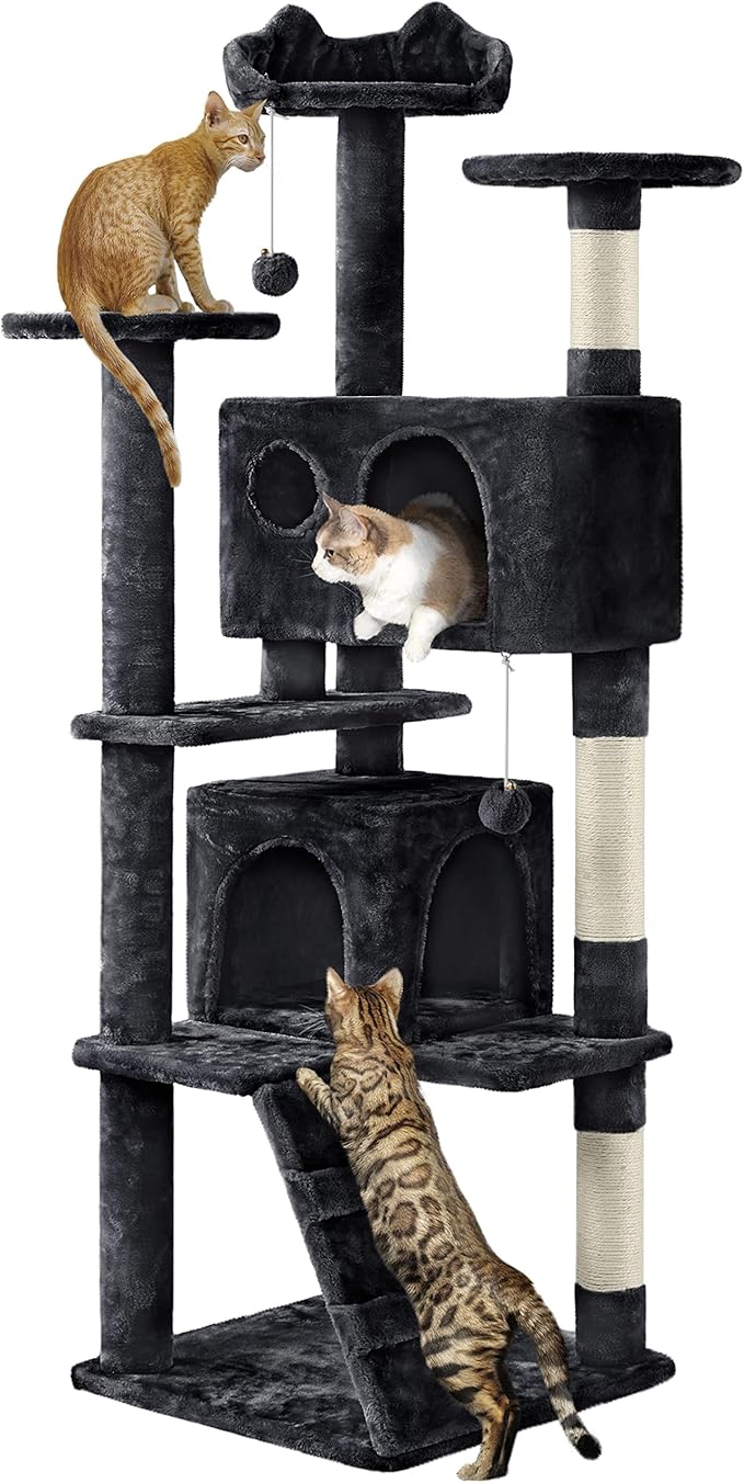 Yaheetech 62in Cat Tree Cat Tower for Indoor Cats, Cat Furniture w/Double Cat Condo, Scratching Posts, Multiple Platforms and Balls for Kittens & Cats, Black