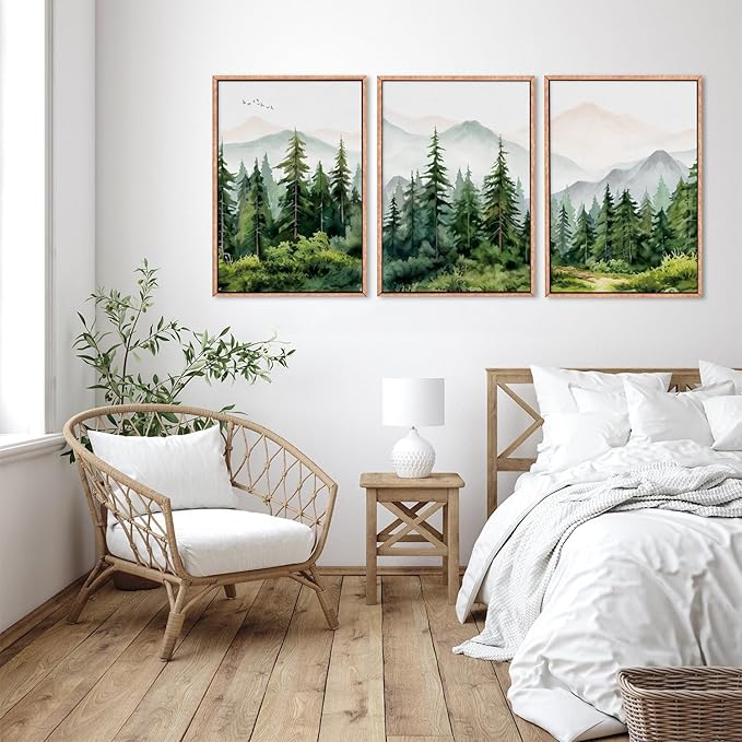 Ausril Watercolor Mountain Range Framed Canvas Wall Art Set, Green Forest Tree Wall Decor, Woodland Nursery Wall Painting, Modern Wilderness Art Print for Living Room, Bedroom, Office-16 x24 x3