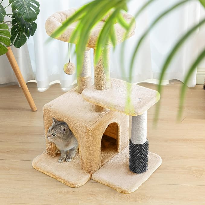Pesofer Cat Tree, Small Cat Condo with Sisal Scratching Post and Massage Post Beige