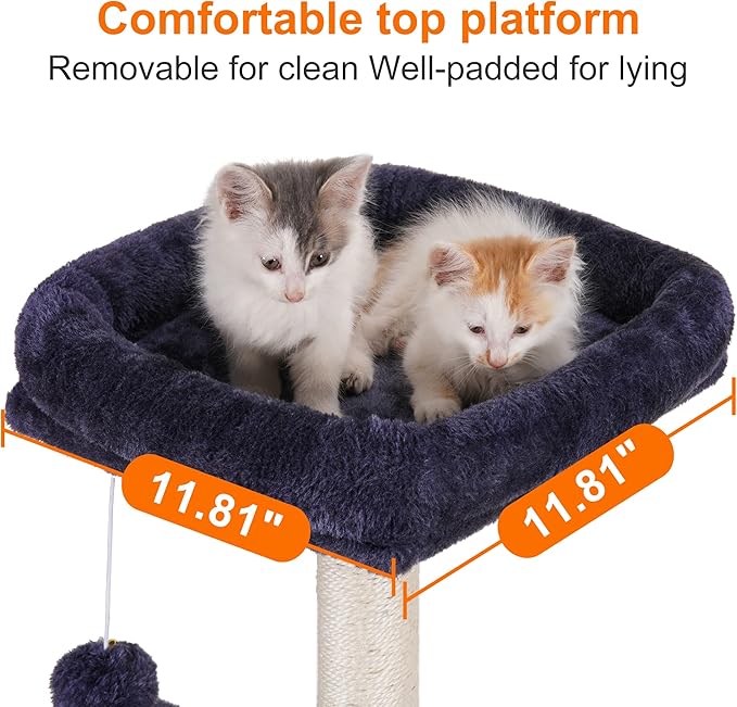 Heybly Cat Tree with Toy, Cat Tower condo for Indoor Cats, Cat House with Padded Plush Perch, Cozy Hammock and Sisal Scratching Posts, Smoky Gray HCT004SG