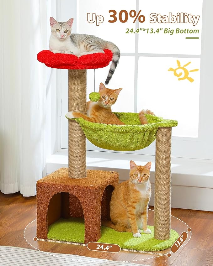 Flower Cat Tree with Sisal Scratching Posts, 35" Cute Cat Tower with Large Green Hammock for Small Indoor Cats, Cat Condo with Removable Flower Bed for Kittens, Brown