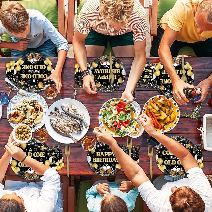 96 Pcs A Cold One for The Old One Party Decorations Black Gold Tableware Set for Men Party Favor Cheers Birthday Party Plates and Napkins for 30th 40th 50th Dinnerware Supplies for 24 Guests