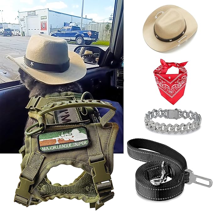 Tactical Cat Harness and Leash for Walking Escape Proof, Adjustable Cat Vest Harness Easy Control with Pet Cowboy Costume for Cat, Puppy and Small Dog (Army Green and Black)