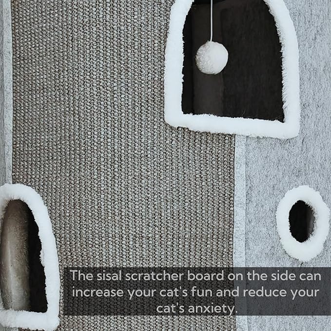 4-Level Cat House for Indoor Cats, Large Adult Cat Peekaboo Cave Bed Cats Cube Houses with Scratch Pad Cat Towers Cute Kitten Condo Hideaway Hut for Multi Pets Under 55 lbs Light Grey