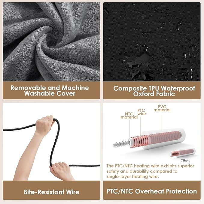 EHEYCIGA Heated Cat Bed Indoor, 6 Adjustable Temperature Dog Cat Heating Pad with Timer, Pet Heating Pad for Cats with Chew Resistant Cord, Waterproof Cat Heating Pad for Winter, 18"x16", Grey