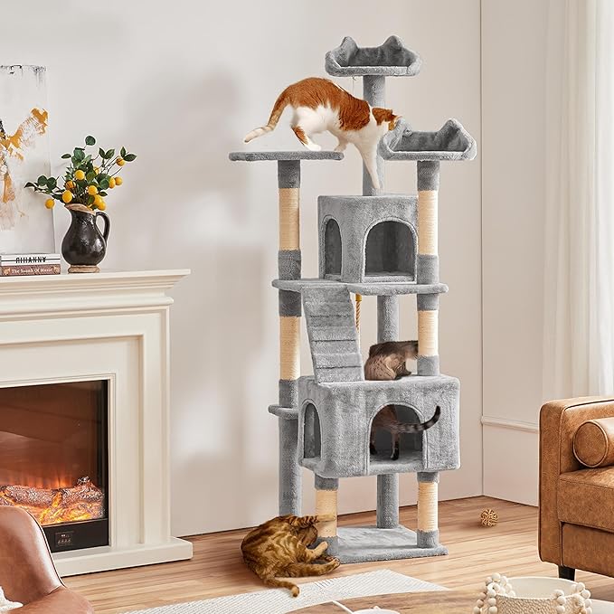 Yaheetech XL Cat Tree, 72in Multi-Level Cat Tower with 2 Cozy Caves, 3 Soft Perches, Scratching Posts, Board, and Dangling Ball, Cat Furniture Cat Play House Kittens, Light Gray