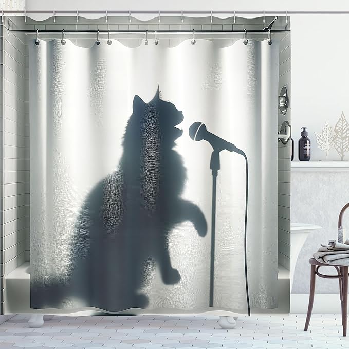 Ambesonne Cat Shower Curtain, Shadow of a Singing Kitty Funny Bath Time Musician Animal Humorous Joke, Cloth Fabric Bathroom Decor Set with Hooks, 69" W x 75" L, Dark Blue Grey Off White