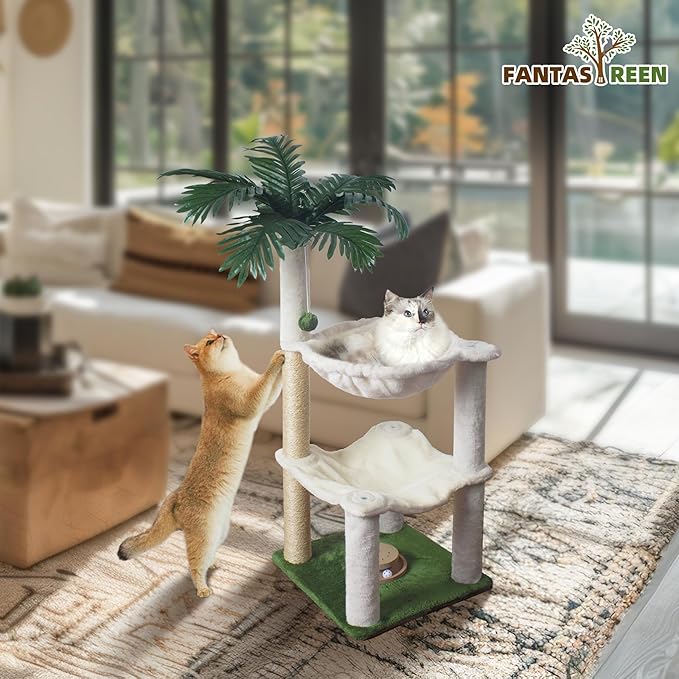 Cat Scratching Post 30 Inches Small Cat Tree Tower with Two Cat Hammock, Double Cat Hammock with Cat Toy Wooden Interactive, Cat Condo for Kitten and Adults Cat