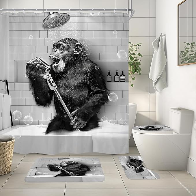 4Pcs Funny Monkey Shower Curtain Set with Non-Slip Rugs, Toilet Lid Cover and Bath Mat, Black White Animal Chimpanzee Singing in Bathtub Men Bathroom Set with 12 Hooks, Modern Cool Bath Decor