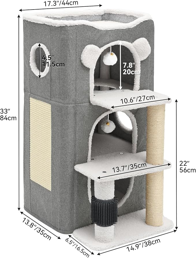 YIATHOME 3-Tier Cat House, Cat Beds for Indoor Cats, Modern Cat Condo with Highway Cave, Scratch & Itching Post, Climbing Stand, Cat Cube Playhouse for Multi Kittens, Grey