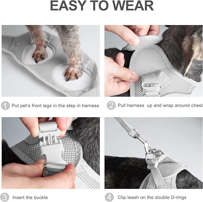 PetiFine Extra Small Step in Dog Harness and Leash Set, Cat Harness and Leash Escape Proof, All Weather Mesh Reflective, Step-in Air Vest Harnesses for Puppy(XXS, Grey)